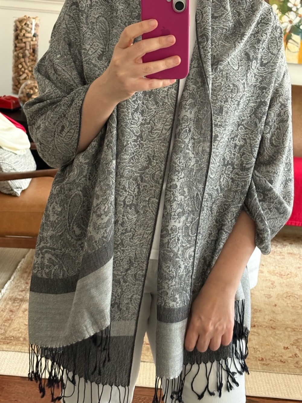 Pashmina and Silk Gray Paisley Fringe Shawl Wrap